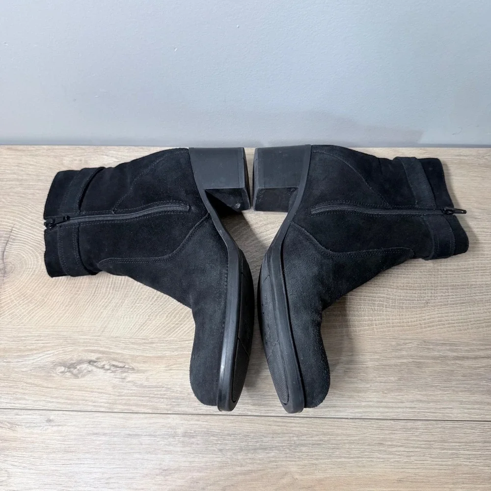 La Canadienne Ankle Boots Womens 9 Black Suede Waterproof‎ Buckle Block Heel